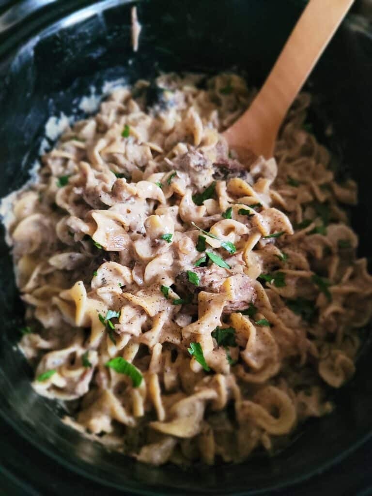 Classic beef stroganoff comfort food with tender beef and creamy sauce