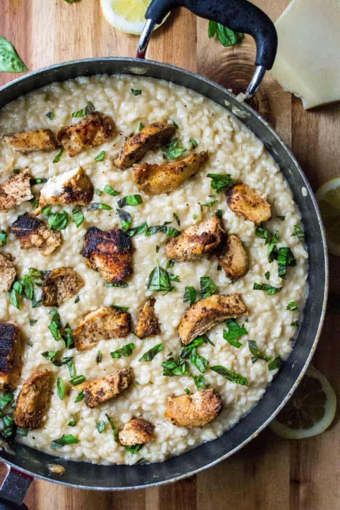 Lemon Basil Chicken Risotto in a pan