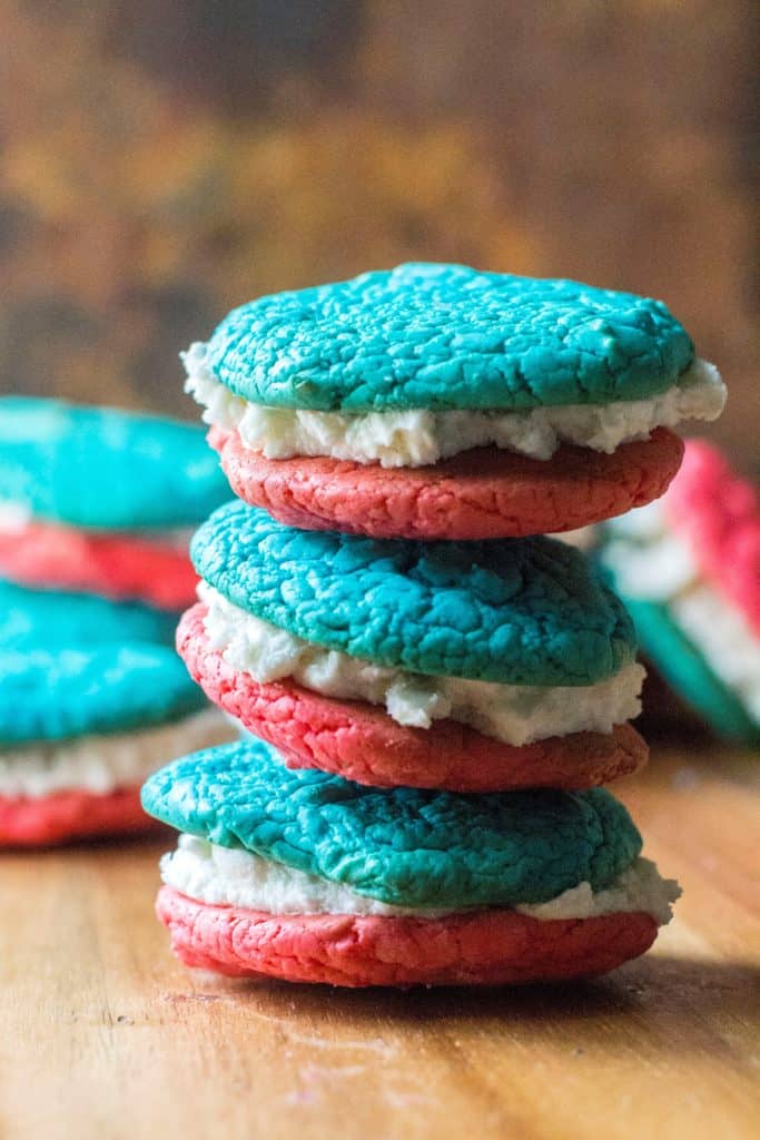 4th of July Cake Mix Whoopie Pies stacked up