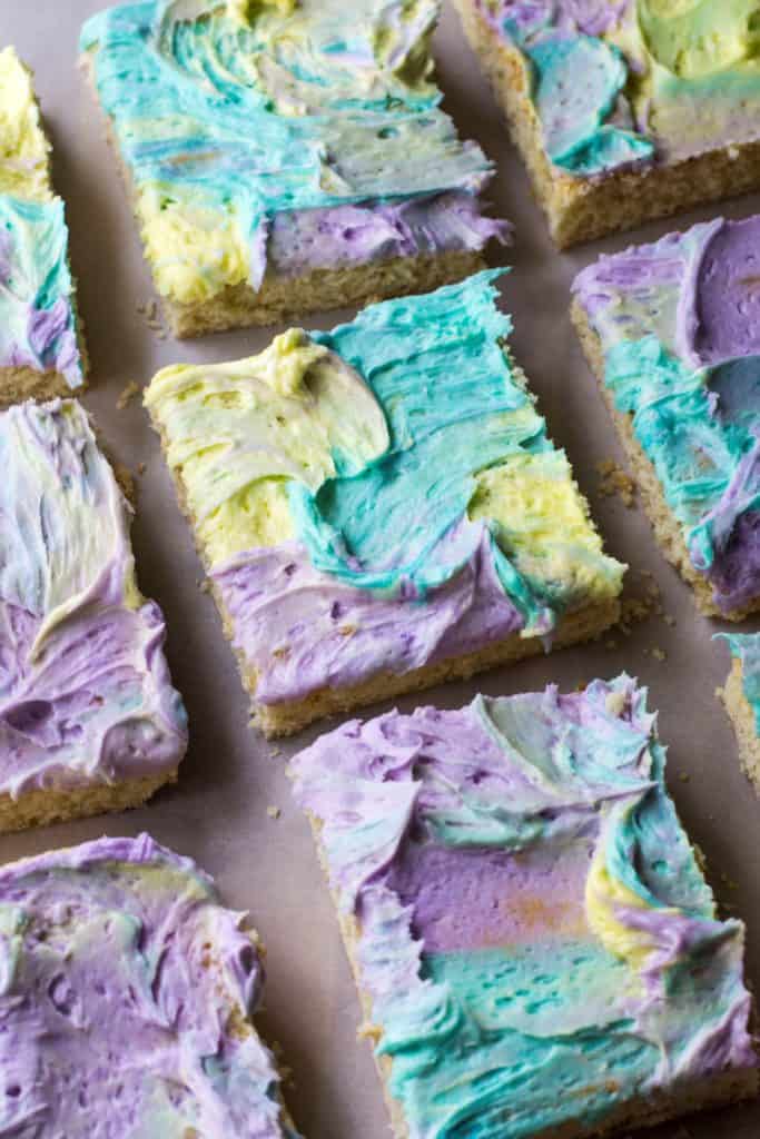 Frosted Sugar Cookie Bars cut on a pan