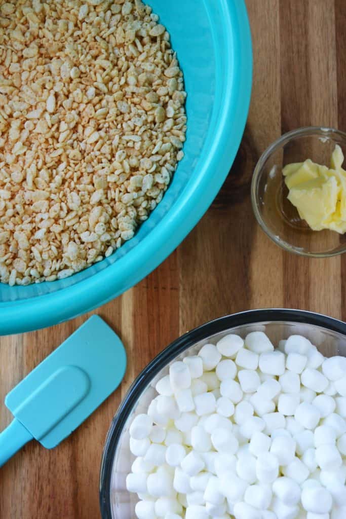 Frosted Rice Krispie Treats some ingredients on a table