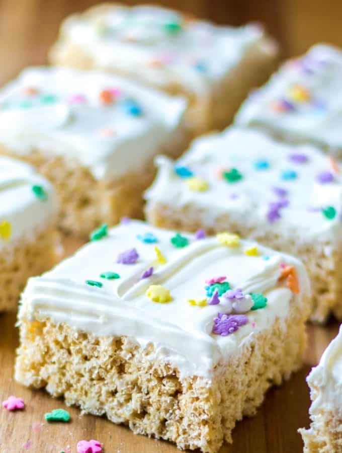 Frosted Rice Krispie Treats in a row