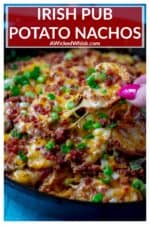 Irish Pub Potato Nachos are the perfect St. Patrick's Day food or tailgating appetizer. Thinly sliced russet potatoes baked to crispy tender perfection and then topped with cheddar cheese, crumbled bacon, green onions and sour cream... ultimate comfort food! | A Wicked Whisk #irishnachos #irishnachosrecipe #irishnachostraditional #irishnachoseasy #irishpotatonachos #irishpotatonachosrecipe #irishpubpotatonachos #irishpubfood #irishpubfoodappetizers #stpatricksdayirishnachos