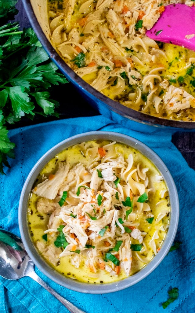 chicken noodle soup in a serving bowl.