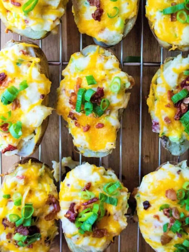 Quick Twice Baked Potatoes are super creamy, loaded up with cheese, bacon and green onions and are ready to eat in just 30 minutes. 
