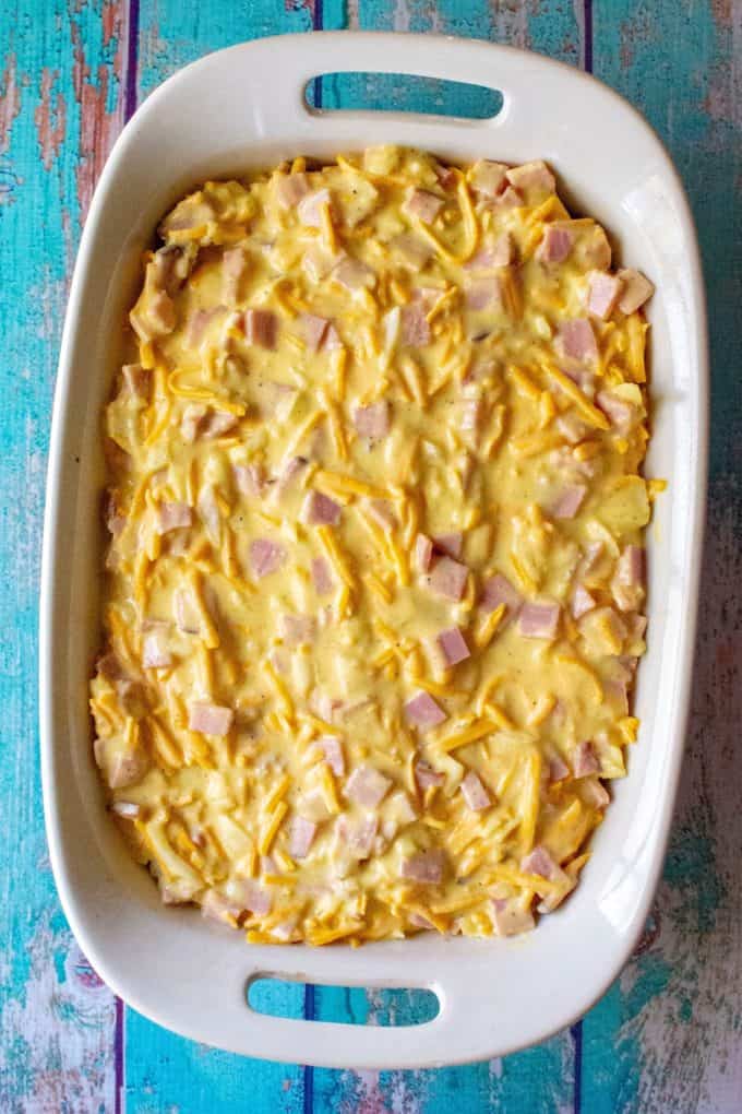 Ham and Cheese Hash Brown Breakfast Casserole uncooked