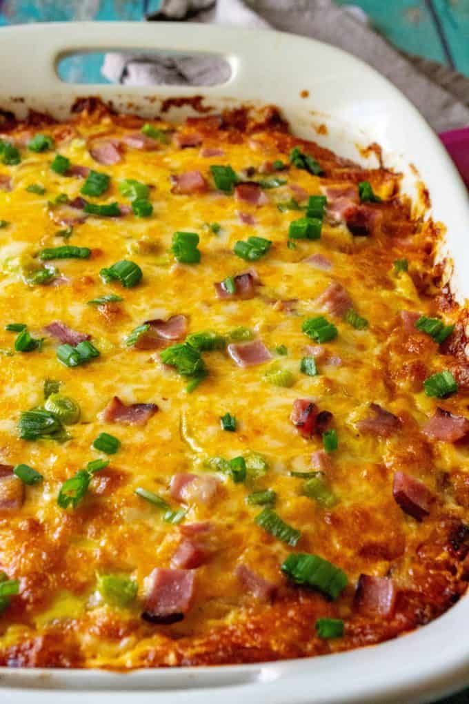 Ham and Cheese Hash Brown Breakfast Casserole in a casserole pan