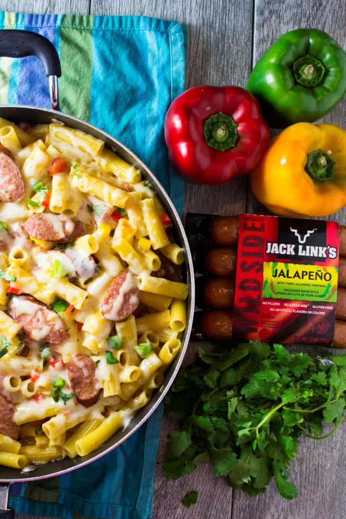 One Pot Jalapeno Sausage Pasta Skillet | Bring dinner to life with this bold, flavorful One Pot Jalapeno Sausage Pasta Skillet meal thanks to Jack Link's Wild Side Sausage. Done in 30 minutes and only one pot to clean!! | Pack Momma | https://www.awickedwhisk.com