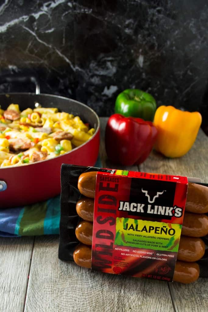 One Pot Jalapeno Sausage Pasta Skillet | Bring dinner to life with this bold, flavorful One Pot Jalapeno Sausage Pasta Skillet meal thanks to Jack Link's Wild Side Sausage. Done in 30 minutes and only one pot to clean!! | Pack Momma | https://www.awickedwhisk.com