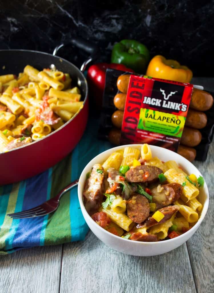 One Pot Jalapeno Sausage Pasta Skillet | Bring dinner to life with this bold, flavorful One Pot Jalapeno Sausage Pasta Skillet meal thanks to Jack Link's Wild Side Sausage. Done in 30 minutes and only one pot to clean!! | Pack Momma | https://www.awickedwhisk.com