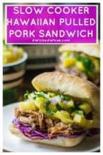 Slow Cooker Hawaiian Pulled Pork Sandwich is a sweet and spicy tropical twist on classic pulled pork sandwiches... and made with only THREE ingredients! #pineapplebarbecuepork #sweetbabyrayspineapplepork #slowcookerpineapplebarbecuepork #slowcookerhawaiianpork #slowcookerpulledpork #slowcookerhawaiianpulledpork #sweetbabyrayspineappleslowcooker #barbecuepineapplepork #pulledporksandwiches #slowcookersweetspicypork #pineapplesalsa #pineapplejalapenosalsa