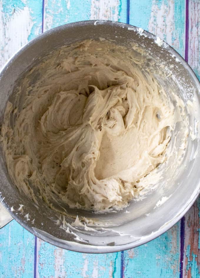 cinnamon cream cheese frosting in a mixing bowl