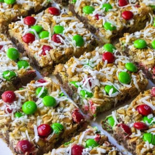 Christmas Seven Layer Magic Bars cut in squares