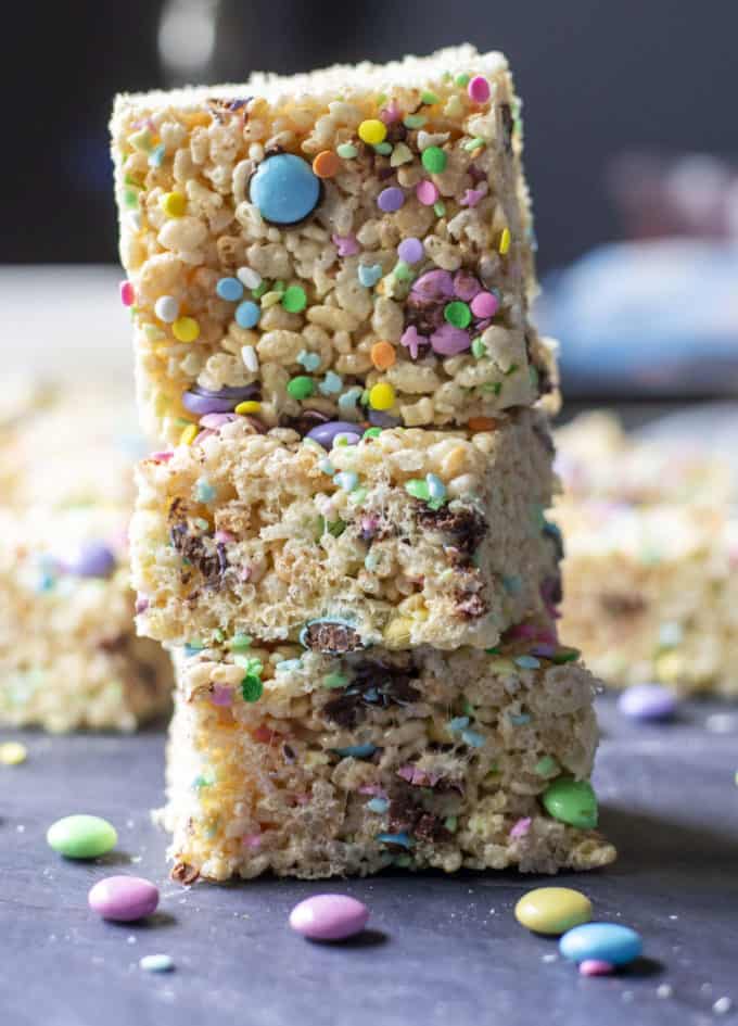 easter rice krispie treats stacked