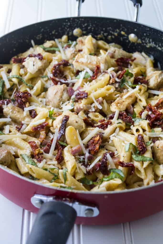 Tuscan Chicken Pasta in a pan