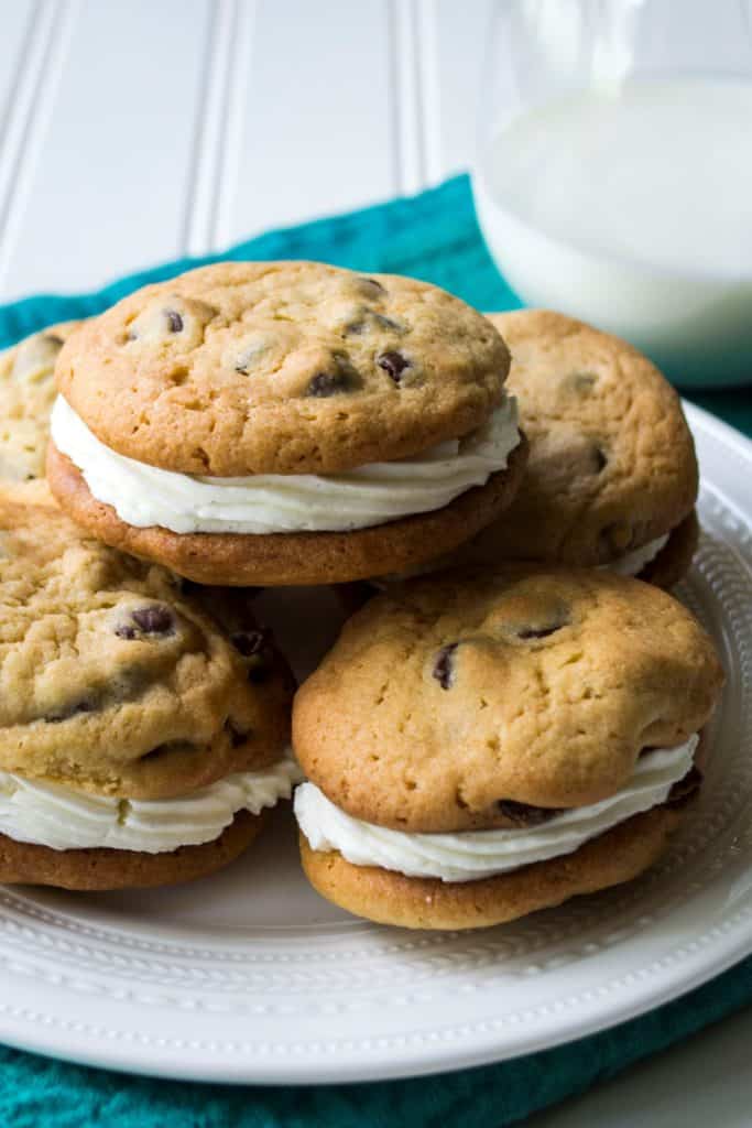 Chocolate Chip Whoopie Pies | Chocolate Chip Whoopie Pies are soft baked chocolate chip cookies sandwiching fluffy buttercream frosting to make the perfect dessert sweet treat. | Pack Momma | https://www.awickedwhisk.com