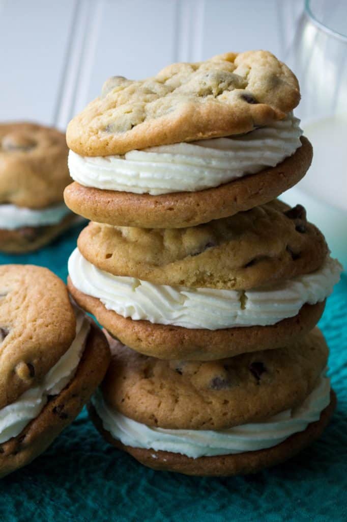 Chocolate Chip Whoopie Pies | Chocolate Chip Whoopie Pies are soft baked chocolate chip cookies sandwiching fluffy buttercream frosting to make the perfect dessert sweet treat. | Pack Momma | https://www.awickedwhisk.com
