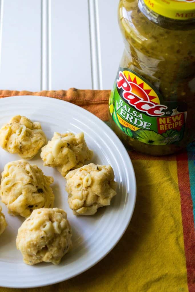 Fried Salsa Verde Macaroni and Cheese Balls | Fried Salsa Verde Macaroni and Cheese Balls are perfect Game Day appetizers with a crispy outside and creamy cheesy southwest mac n cheese on the inside! | Pack Momma | https://www.awickedwhisk.com