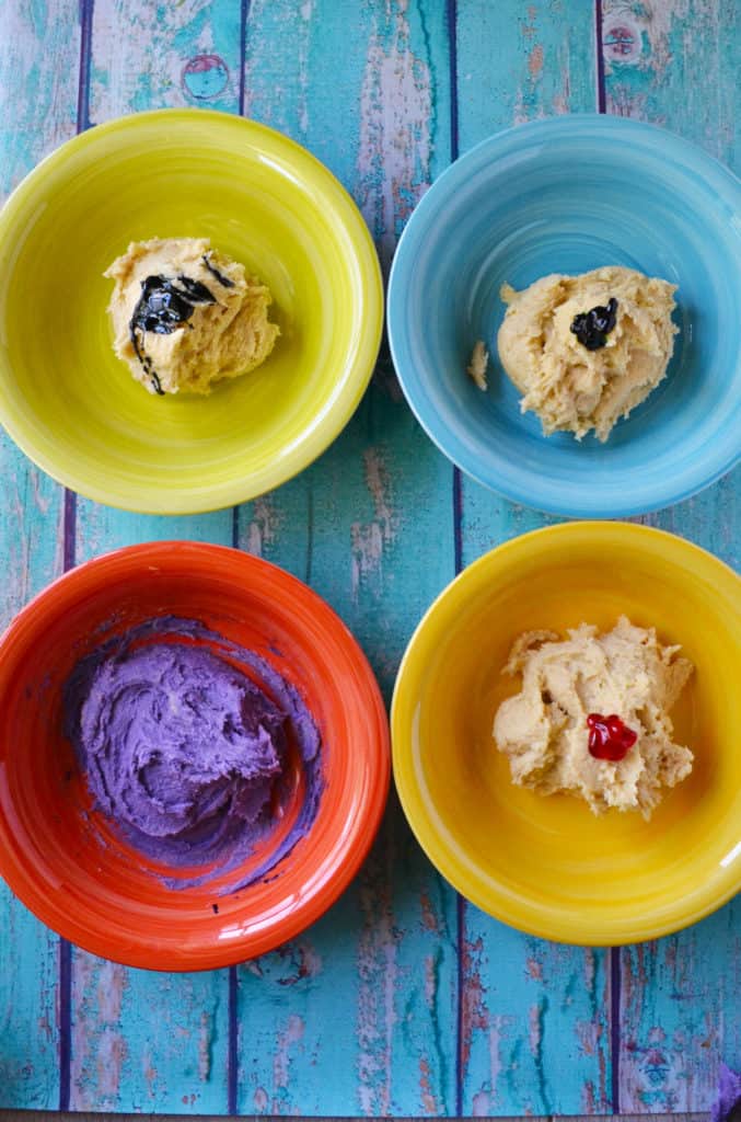 cookie dough separated for food coloring