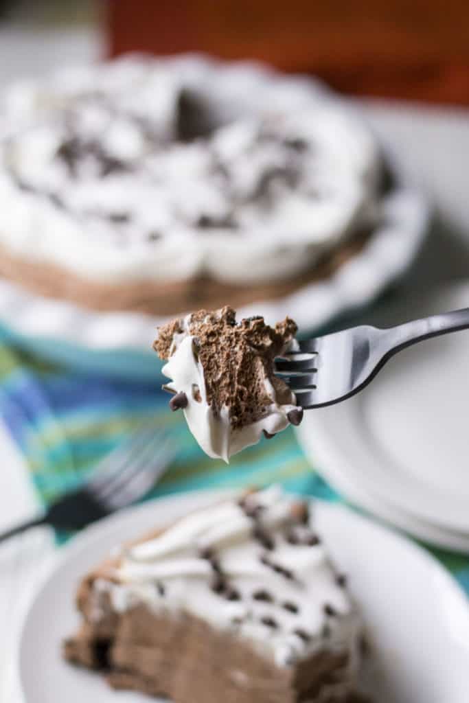 No Bake Chocolate Mousse Pie bite on a fork