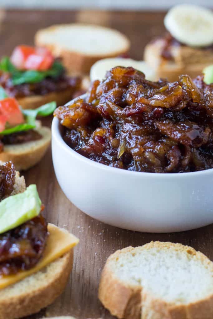 Bacon Jam in a white bowl side shot