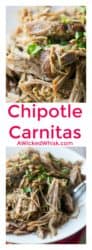 Chipotle Carnitas is easy to make right in your slow cooker. A few spices and the secret ingredient and your Chipotle Carnitas will be the star every time!! | A Wicked Whisk | https://www.awickedwhisk.com #chipotle #chipotlecarnitas #chipotlecarnitasrecipe #chipotlefood #chipotlecopycat #chipotlecopycatrecipes #carnitas #slowcookercarnitas #carnitascrockpot #carnitasrecipe #carnitasporkcarnitas