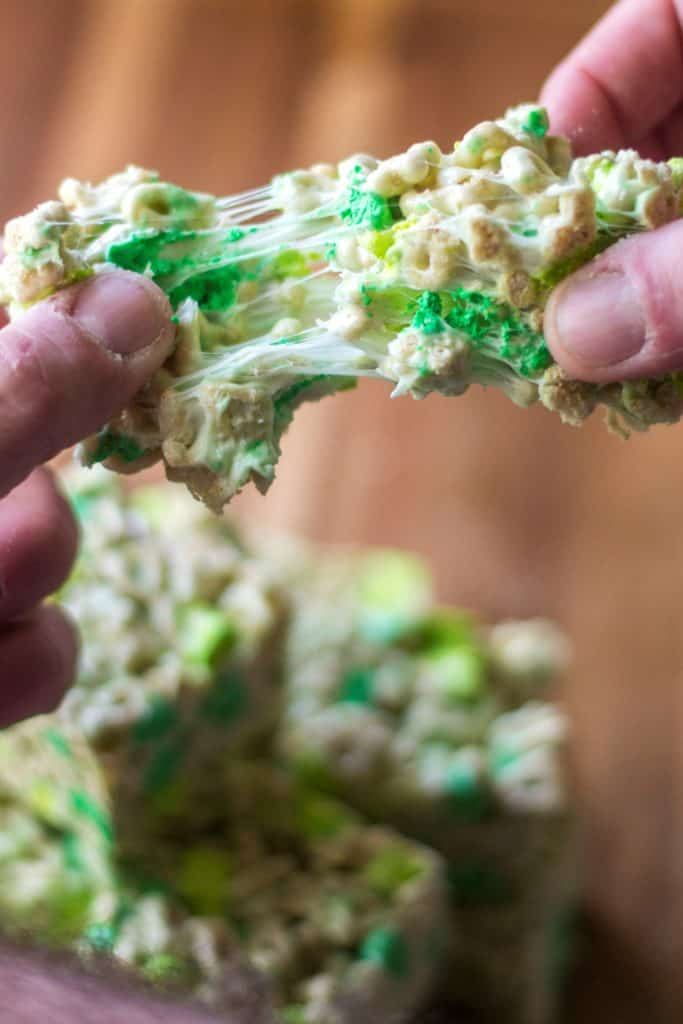 Lucky Charms Treats being pulled apart