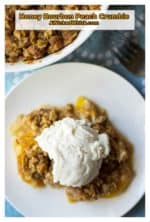 Honey Bourbon Peach Crumble is sweet tender peaches swimming in a rich honey bourbon sauce and topped with a crunchy crisp crumble topping.| A Wicked Whisk | https://www.awickedwhisk.com #peaches #peachcrisp #bourbon #bourbonpeachcrisp #honeybourbon #peachcrispwithfrozenpeaches #peachcrispeasy #bourbonpeachcobbler #honeybourbonpeach #honeybourbonpeachcrisp #easterdessert #easterdesserteasy #summerdessert #summerdesserteasy
