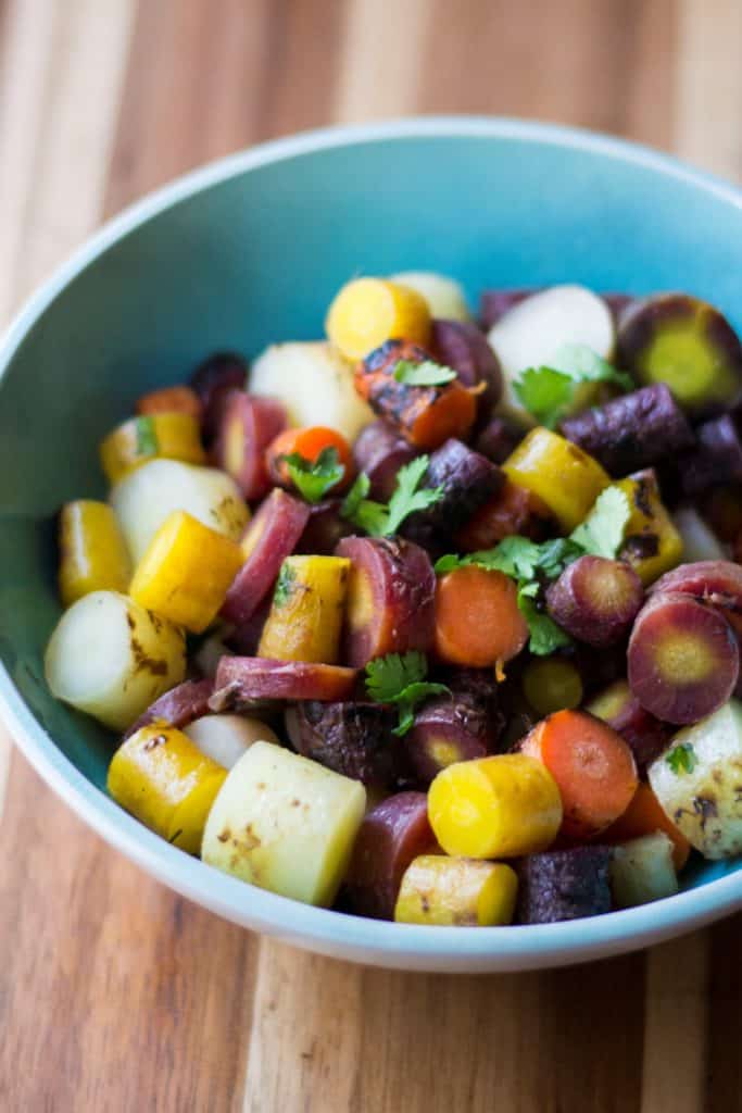 Roasted Rainbow Carrots - chopped in bowl
