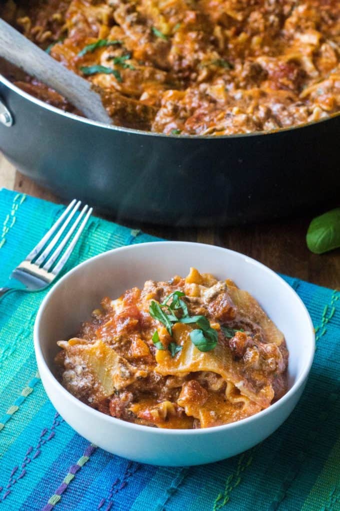 One Pot Lasagna Skillet in a white bowl