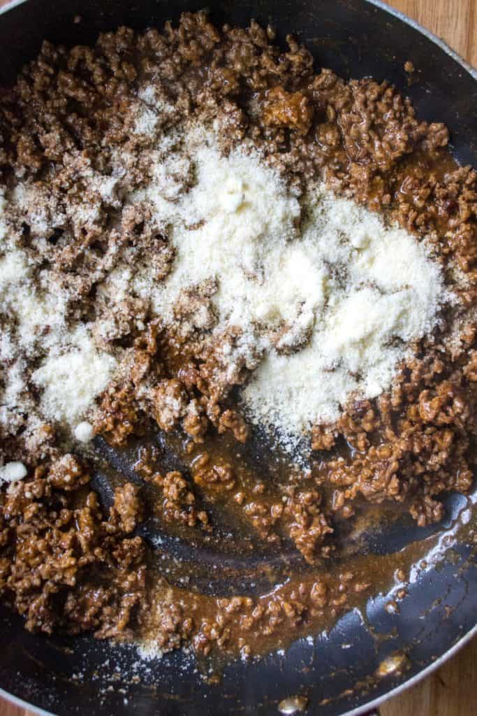 Philly Cheesesteak Sloppy Joe Sliders meat browned in pan with sauce and spices