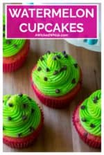 Watermelon Cupcakes are sweet, adorable and and the easiest sweet treat to make. Perfectly festive and fun, these Watermelon Cupcakes are the perfect dessert to share at all of your pool parties and summer BBQs. | A Wicked Whisk #watermeloncupcake #watermeloncupcakerecipe #watermeloncupcakesdecoration #watermeloncupcakeseasy #watermeloncupcakesideas #homemadewatermeloncupcakes #springcupcakes #springcupcakesflavors #springcupcakesflavors #springcupcakeseasy
