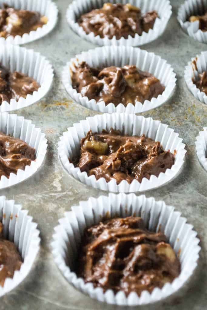 Chocolate Peanut Butter Banana Muffins ready to bake