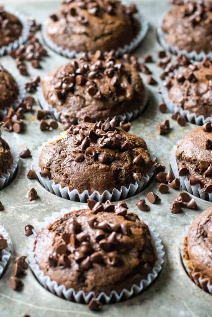 Chocolate Peanut Butter Banana Muffins&nbsp;are rich, sweet and the perfect way to start any day.&nbsp; Moist, decadent muffins packed full of chocolate chunks, banana and smooth peanut butter make these&nbsp;Chocolate Peanut Butter Banana Muffins irresistible.