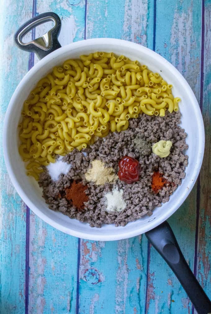 homemade hamburger hlper in a skillet