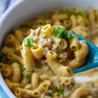 homemade hamburger helper on a serving spoon