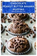 Chocolate Peanut Butter Banana Muffins are rich, sweet and the perfect way to start any day.  Moist, decadent muffins packed full of chocolate chunks, banana and smooth peanut butter make these Chocolate Peanut Butter Banana Muffins irresistible. | A Wicked Whisk | #chocolatemuffin #chocolatebananamuffin #chocolatepeanutbutterbananamuffin #breakfastmuffin