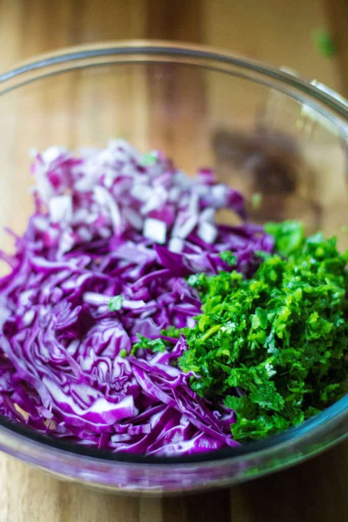 This Tangy Red Cabbage Slaw Recipe is the perfect cabbage slaw for fish tacos, chicken tacos and even pork tacos.  Crunchy purple cabbage mixed with spicy jalapenos, red onions, cilantro and dressed with tangy citrus juice, this Tangy Red Cabbage Slaw Recipe is the only cabbage slaw recipe you will ever need.