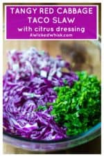 This Tangy Red Cabbage Slaw Recipe is the perfect cabbage slaw for fish tacos, chicken tacos and even pork tacos.  Crunchy purple cabbage mixed with spicy jalapenos, red onions, cilantro and dressed with tangy citrus juice, this Tangy Red Cabbage Slaw Recipe is the only cabbage slaw recipe you will ever need. #fishtacoslaw #cabbageslaw # redcabbageslaw #purplecabbageslaw #cabbageslawfortacos #porktacoslaw #chickentacoslaw #citrusdressing #redcabbageslawcitrusdressing