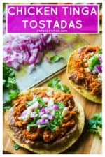 Chicken Tinga Tostadas are the perfect easy dinner idea to serve up any night of the week.  Made with rotisserie chicken, chipotle peppers and a few staple pantry items, these Chicken Tinga Tostadas are ready in under 30 minutes and are the ultimate healthy comfort food. #tinga #tingasauce #chickentinga #chickentingatostadas #chickentostadas #30minutechickenmeal #30minutemexicanmeal #mexicanfood #mexicantinga #easymexicanfood #easymexicanrecipe #tostadas #chipotle