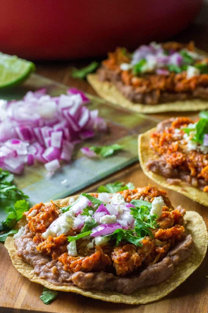 Chicken Tinga Tostadas on a board