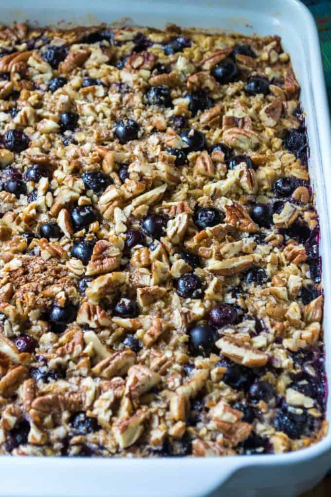 Blueberry Pecan Baked Oatmeal in a pan