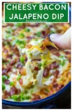 Cheesy Bacon Jalapeno Dip is warm, spicy and loaded with your favorite jalapeno popper flavors.  Easy to make and always a favorite cheesy appetizer, this Cheesy Bacon Jalapeno Dip is the perfect jalapeno dip to feed a crowd. #jalapenodip #jalapenopopperdip #tailgatingdip #tailgatingfood #tailgatingappetizer #dipappetizer #cheesyappetizer #gamedaydip #gamedayfood #gamedayappetizer #easyappetizer #jalapenopopper #cheesybaconjalapenodip