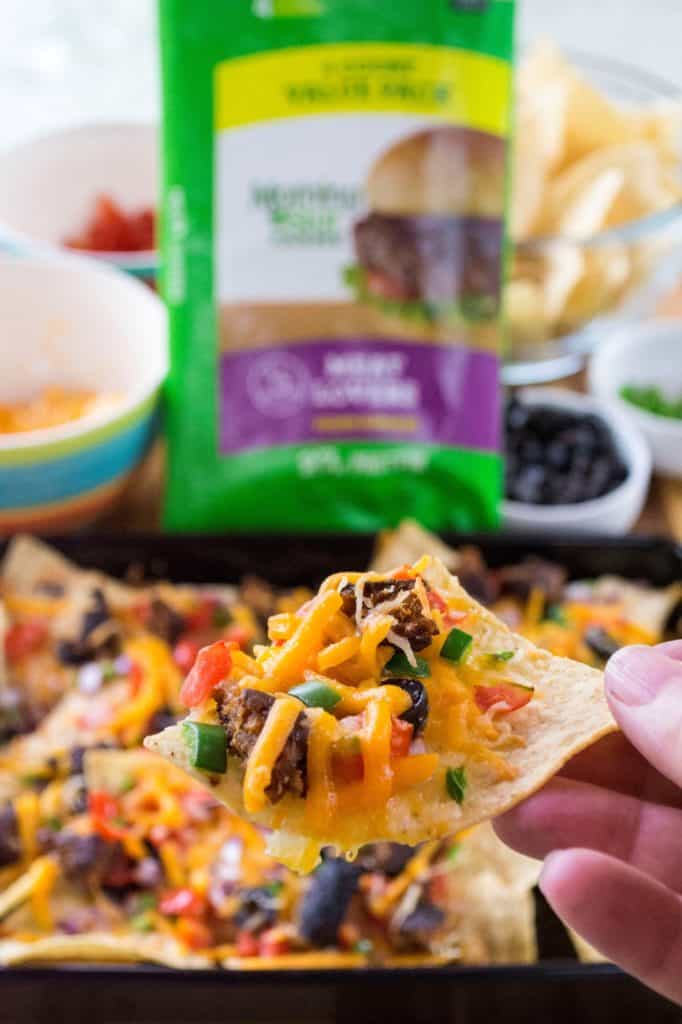 Take your tailgating fun to the next level with these Grilled Fully Loaded Veggie Nachos. Made with MorningStar Farms® Meat Lovers Burgers, these Grilled Fully Loaded Veggie Nachos are loaded up with your favorite toppings and are the perfect meatless vegan snack.