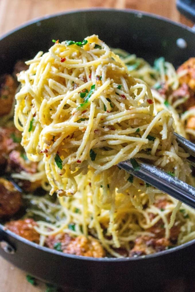 Parmesan Garlic Spaghetti with Chicken Meatballs | A Wicked Whisk