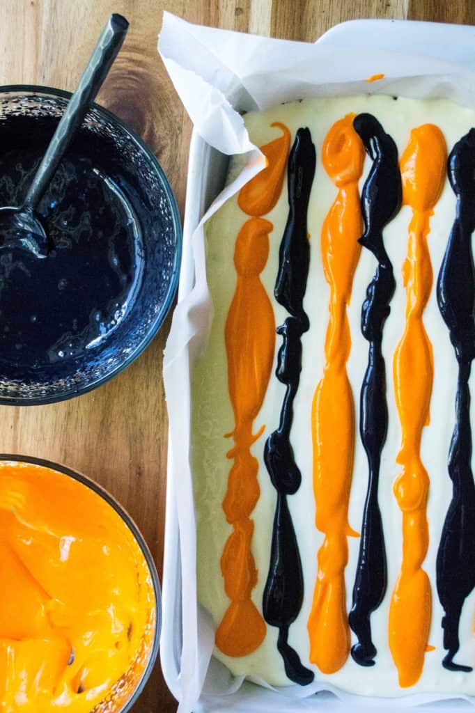 Halloween Cheesecake Bars lines of colors