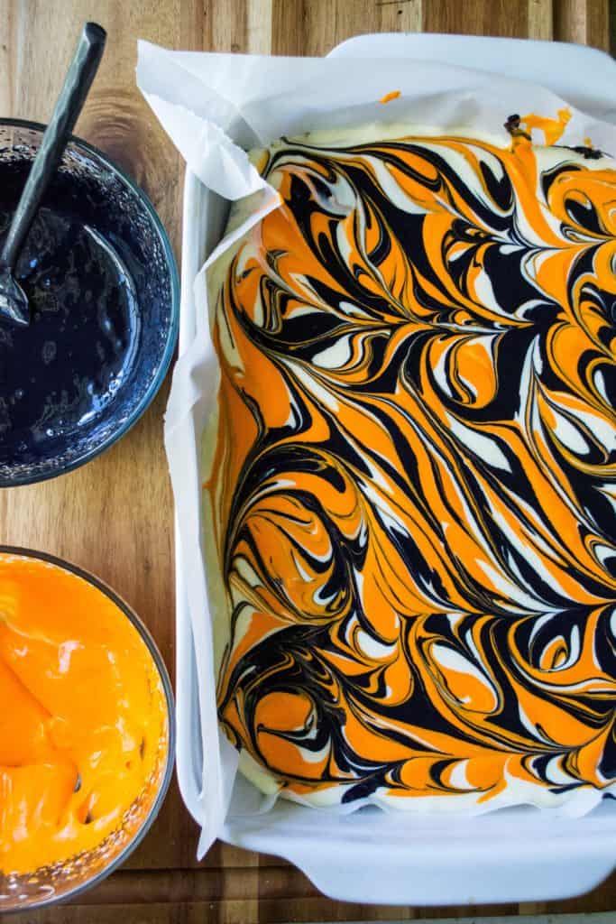 Halloween Cheesecake Bars swirled cheesecake