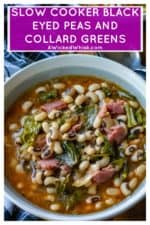 Slow Cooker Black Eyed Peas and Collard Greens is the perfect Southern comfort food to celebrate New Year's Day or ANY day! Made with a leftover ham bone and simmered in a rich tasty broth, these Slow Cooker Black Eyed Peas and Collard Greens are a delicious addition to your New Year's Day menu. #blackeyedpeas #slowcookerblackeyedpeas #blackeyedpeasandcollardgreens #newyearsdayfood #southernfood #slowcookerblackeyedpeasandcollardgreens