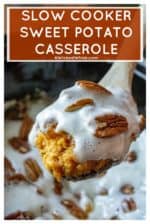 A new twist on a traditional Thanksgiving side dish, this easy sweet potato casserole topped with pecans and marshmallows is all made simple in your slow cooker. The perfect way to save oven space this Thanksgiving is to let your crock-pot do the work for you! | A Wicked Whisk #slowcookersweetpotatocasserole #slowcookersweetpotatocasserolecanned #slowcookersweetpotatocasseroleeasy #crockpotsweetpotatocasserole #sweetpotatocasserolecrockpot #sweetpotatocasserolecrockpotcanned
