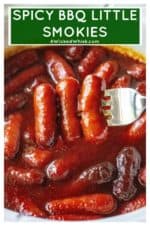Spicy BBQ Little Smokies are easy appetizers perfect for Game Day parties, holiday get togethers and potlucks. Made in your slow cooker, these crockpot Spicy BBQ Little Smokies are sweet, spicy and the hit of every party! #littlesmokies #slowcookerlittlesmokies #bbqlittlesmokies #hilshirefarmslittlesmokies #slowcookerpartyfood #crockpotsmokies #crockpotpartyfood #slowcookerappetizer